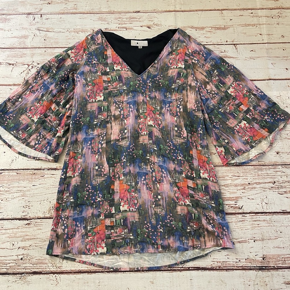 Cory Pastel Abstract Print‎ Kimono Style Flowy Dress Size 4 Boho Women's